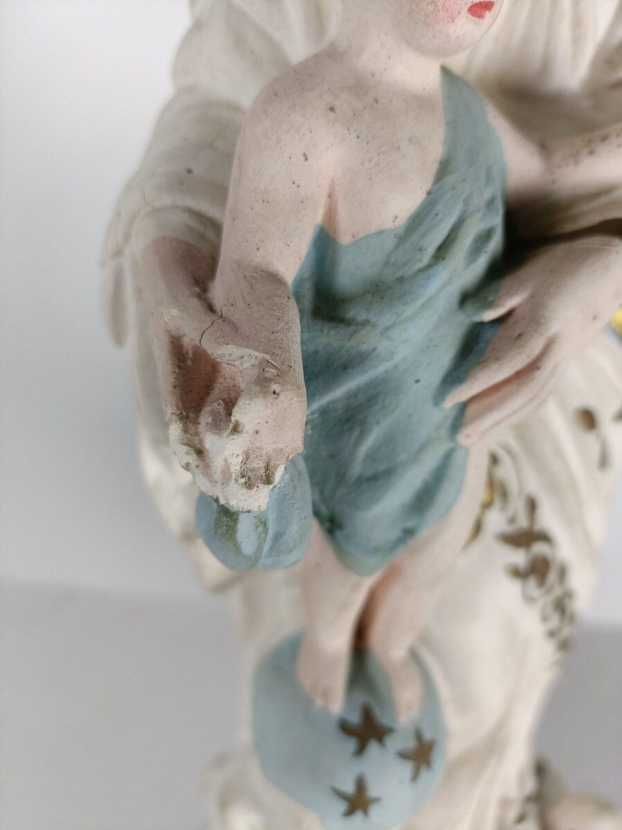 Antique Neo Gothic Statue Plaster Polychrome Our Lady Of Victory With Infant Ang photo vinterior