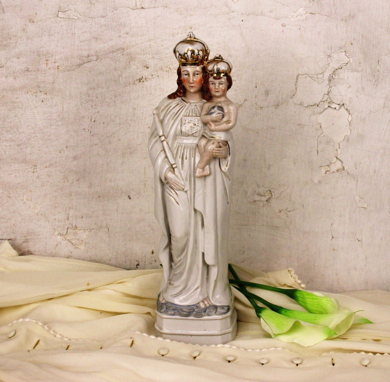 Antique Porcelain Statue Figurine Virgin Mary Our Lady With Infant Child Htf
