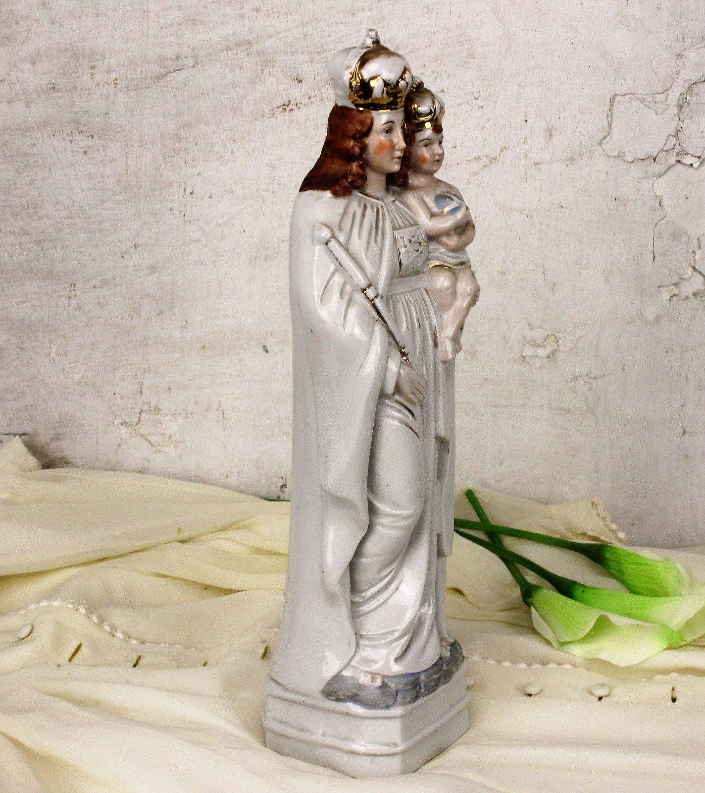 Antique Porcelain Statue Figurine Virgin Mary Our Lady With Infant Child Htf photo for sale