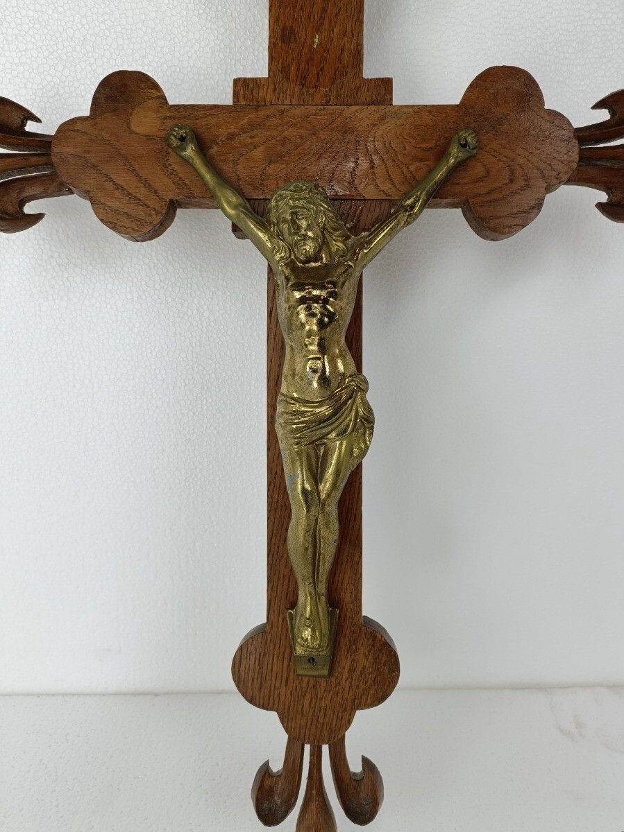 Xl Hand Carved Wood French Hanging Ornate Crucifix Jesus Christ Fleur De Lis Spe photo Art