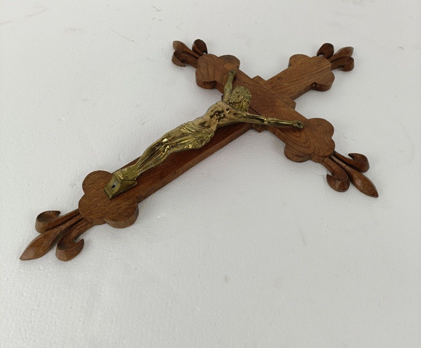Xl Hand Carved Wood French Hanging Ornate Crucifix Jesus Christ Fleur De Lis Spe photo buy