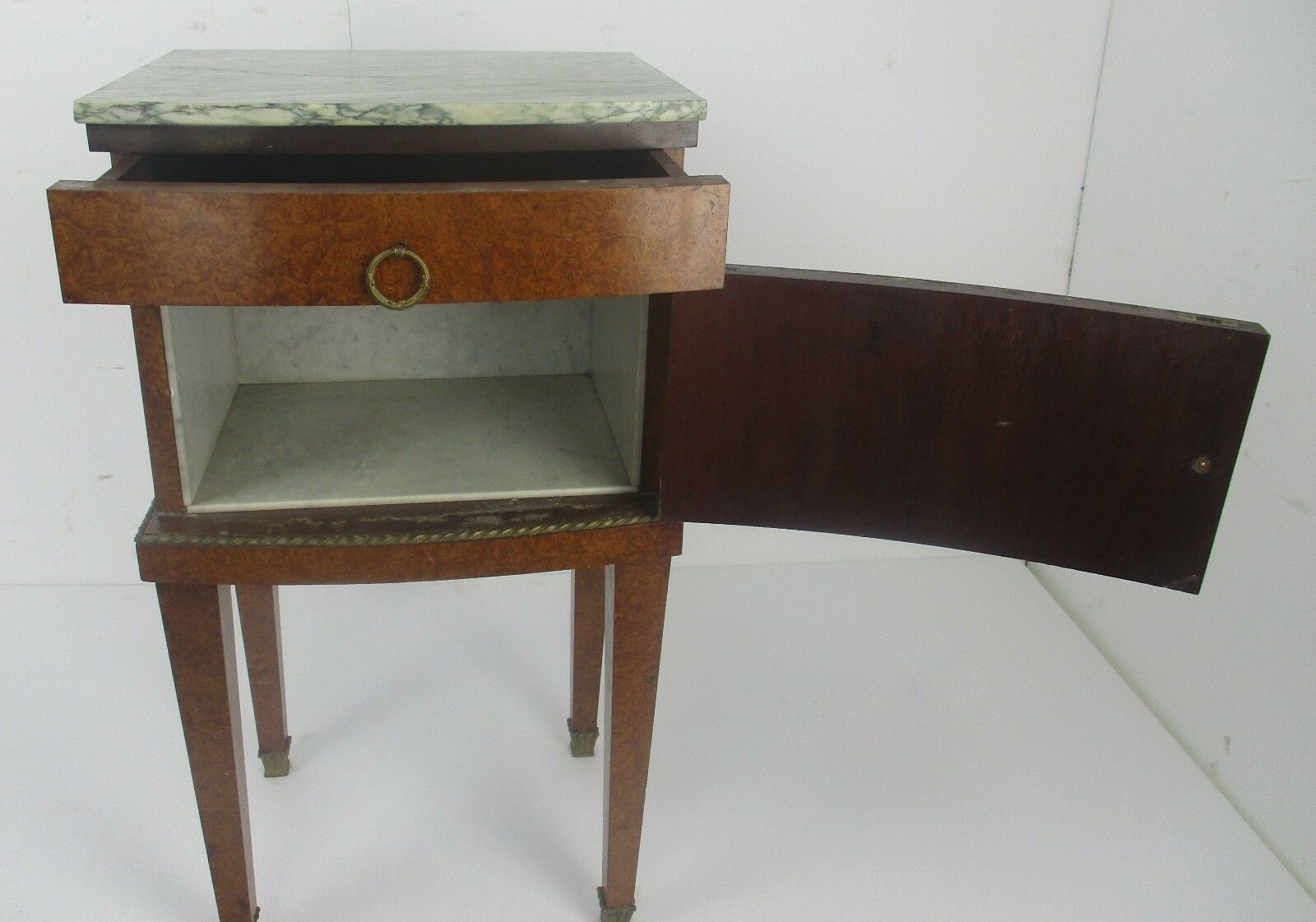 Cabinet Side Table Night Stand Queen Anne Style Wood Marble Inlay Butterflies photo vinterior