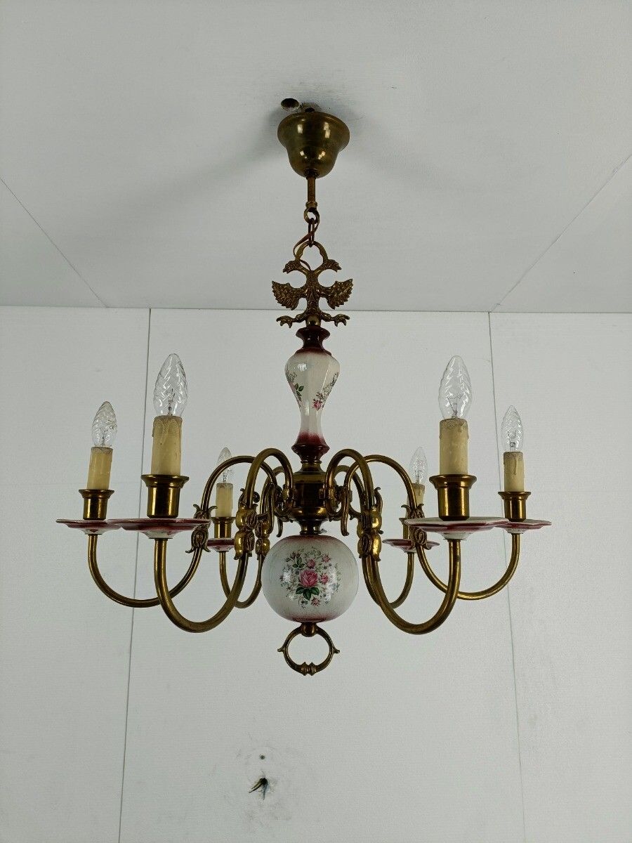 Flemish  Chandelier Style 6 Arm Lights Porcelain Flower Pattern Country  Barn St photo 404.0