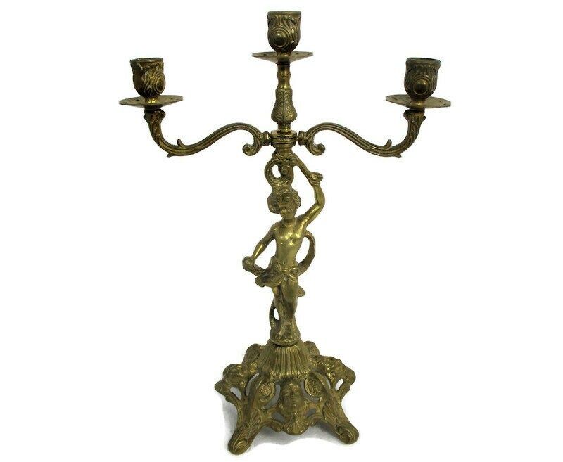 Candle Holder Candelabra 3 Arm Centerpiece Cherub Putti Angels On Base  Embossed