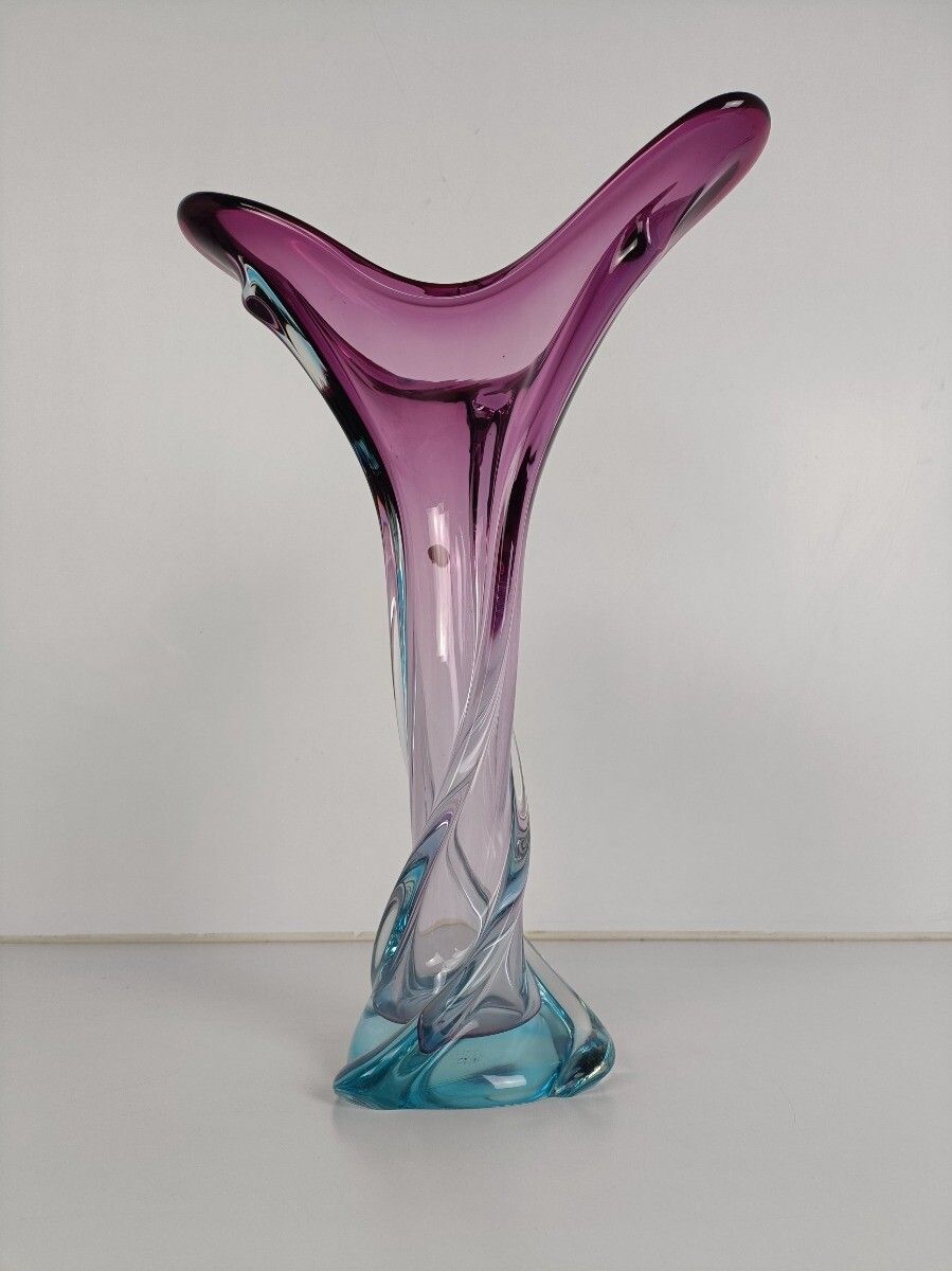 Italian Vintage Cranberry Blue Art Glass Vase Murano Style Swirled Beautiful photo furniture