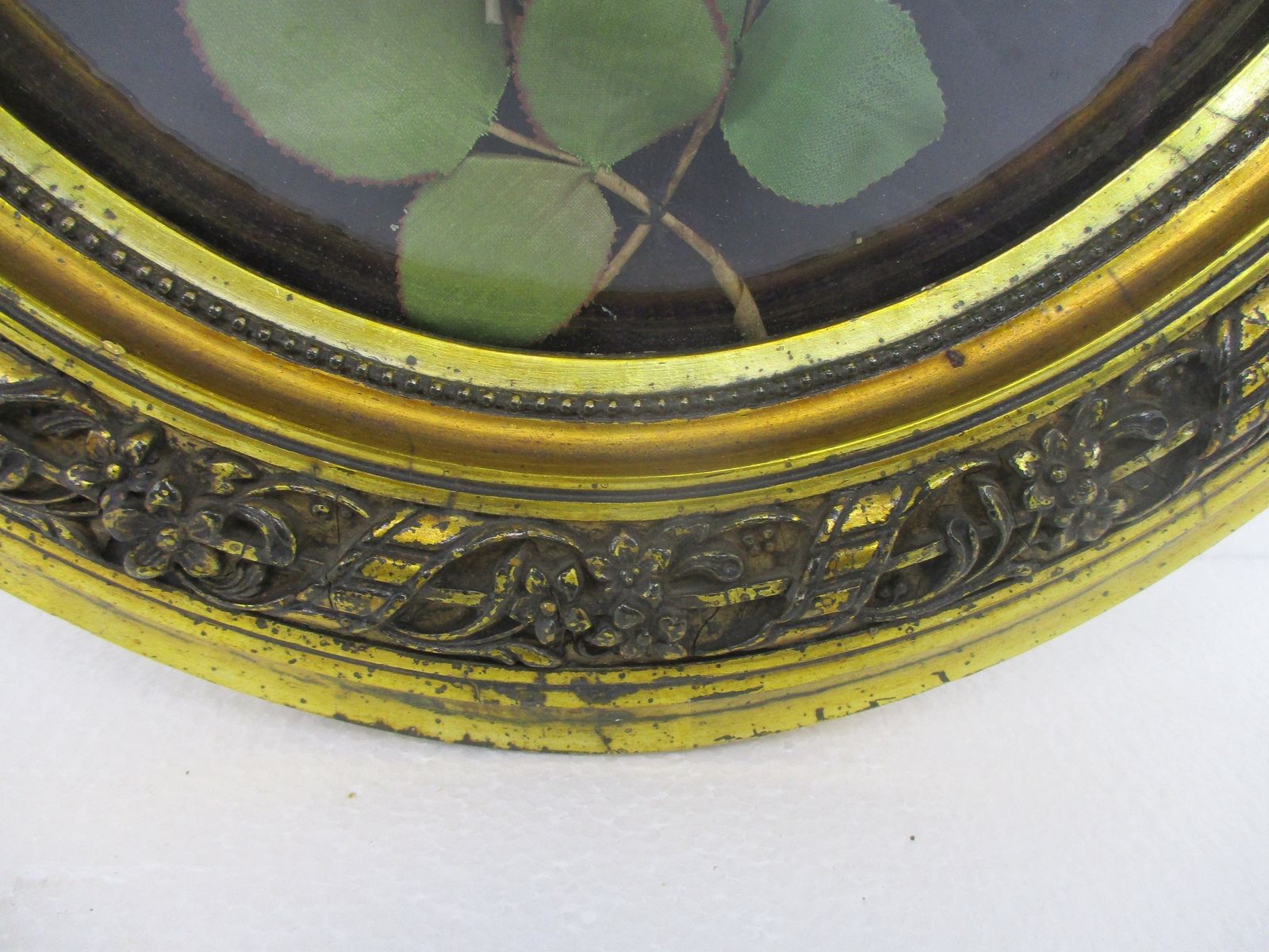 Oval Ornate Wooden Frame Convex Glass Yellow Flowers Large Beautiful Mid Century photo furniture