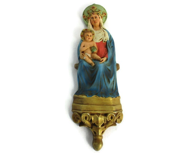 Plaster Wall Plaque Virgin Mary Madonna Holy Mother Infant Jesus Polychrome 20s