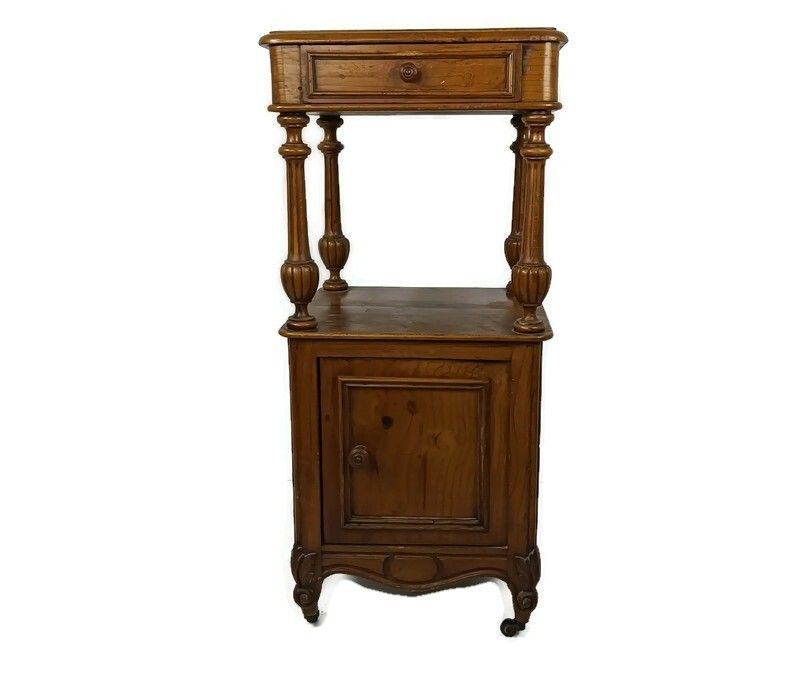 Antique Nightstand Pinewood End Table Bedroom Cabinet Japandi Style On Wheels