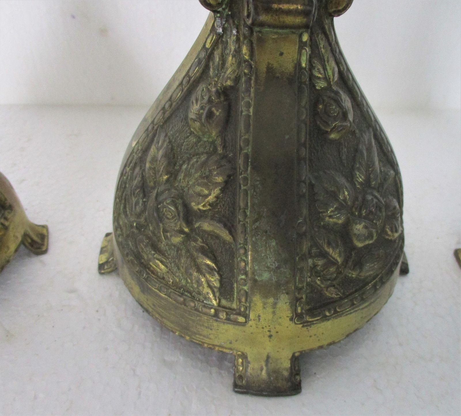 Altar Set Gorgeous Standing Crucifix With Two Candelabras Ornate Embossed Brass photo for sale