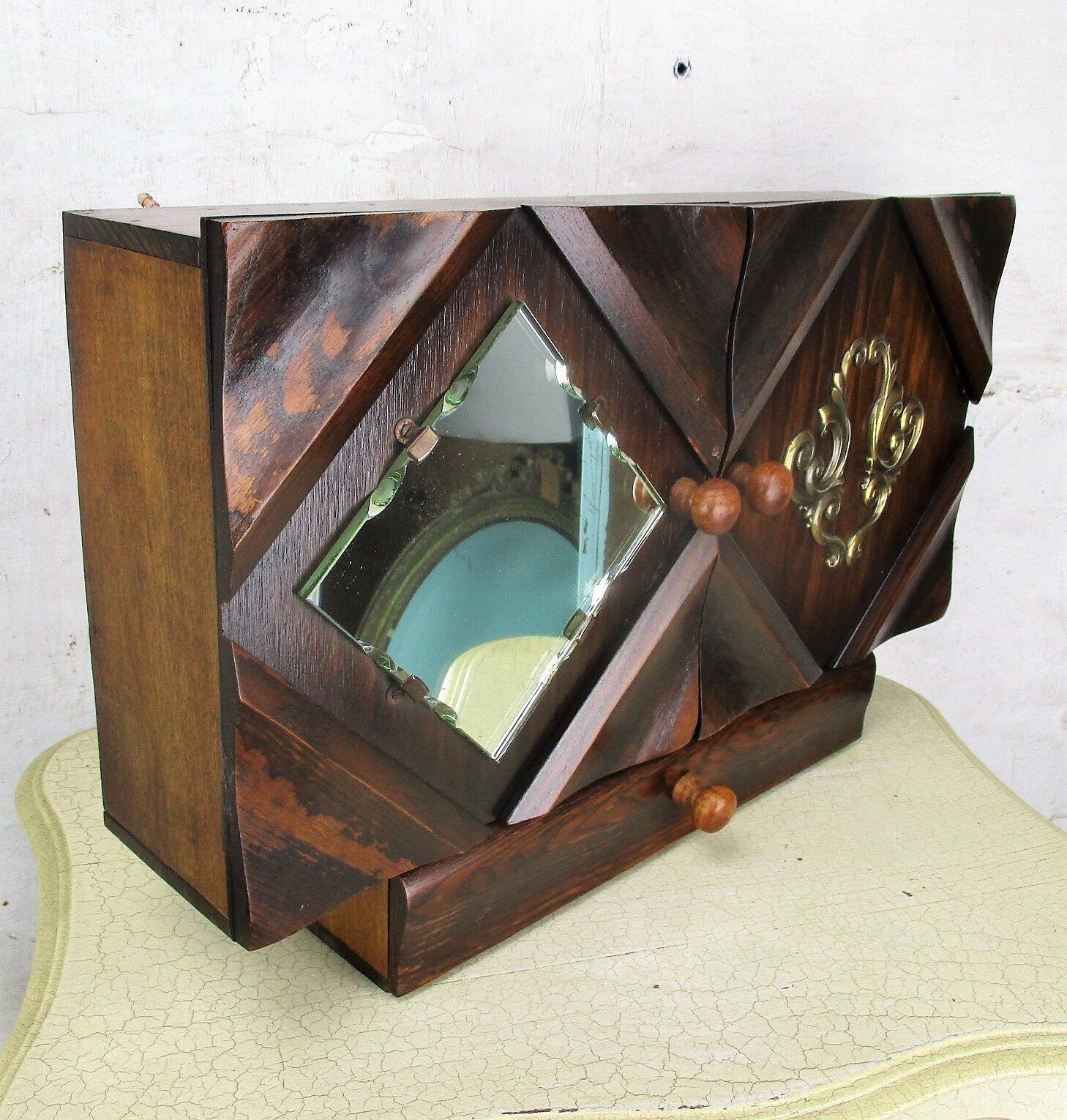 Large Apothecary Bathroom Medicine Kitchen Cabinet Wood Art Deco Cut Glass photo for sale