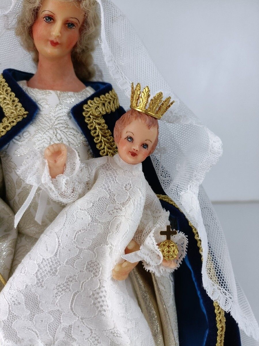 Hand Made Wax Madonna  Doll Virgin Mary Our Lady With Infant Jesus Figurine  Mad photo Home Decor
