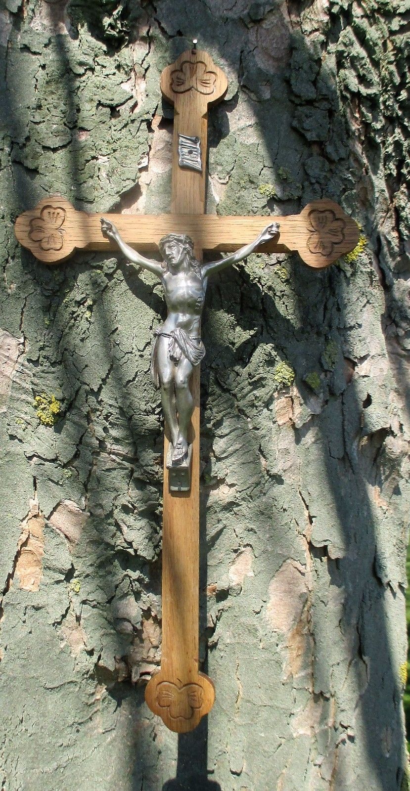 Vintage Carved Oak Hanging Crucifix Cross Jesus Christ Art Brass Corpus 23.42" photo furniture