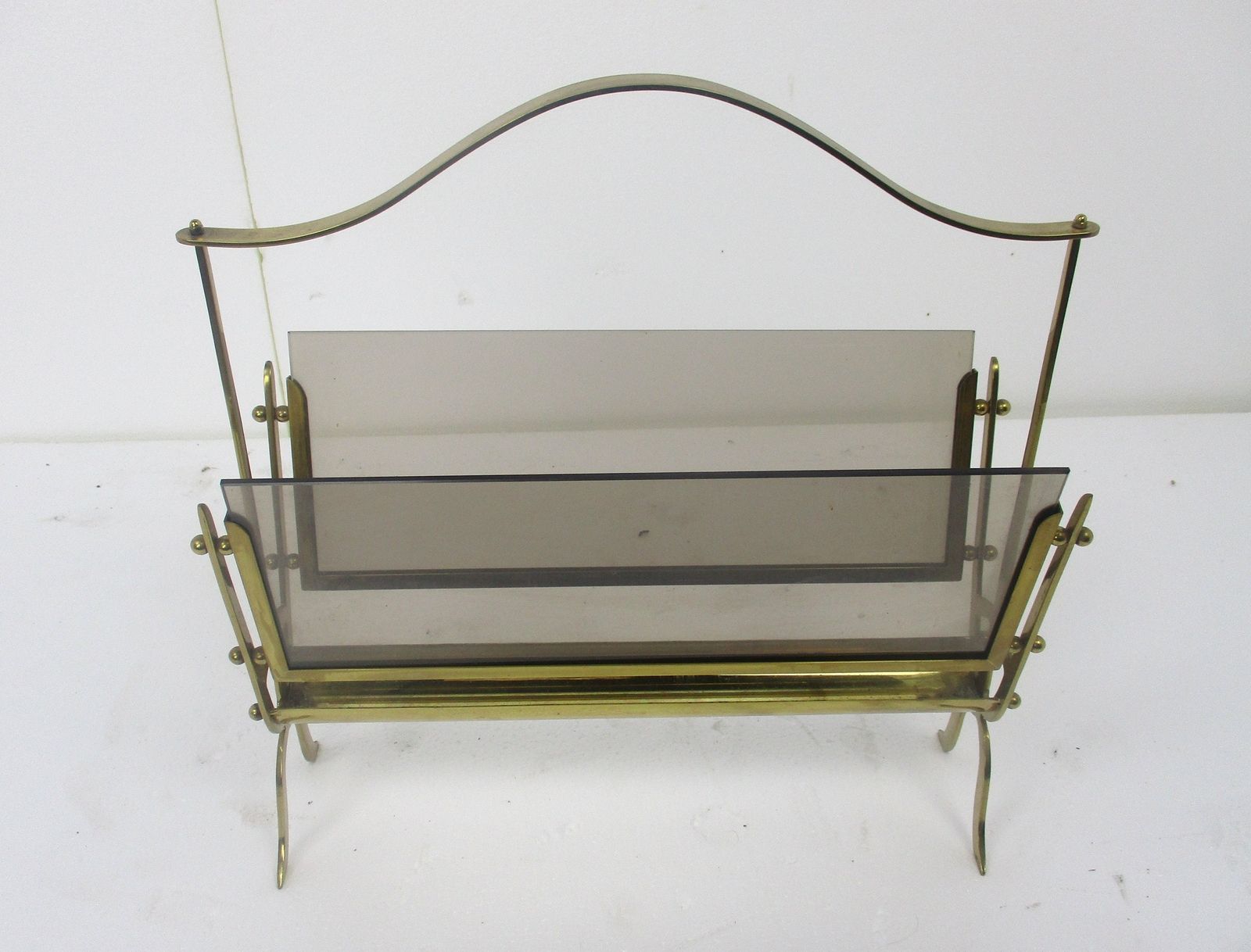 Vintage  Brass Lucite Modernist Magazine Newspaper Basket Rack photo furniture