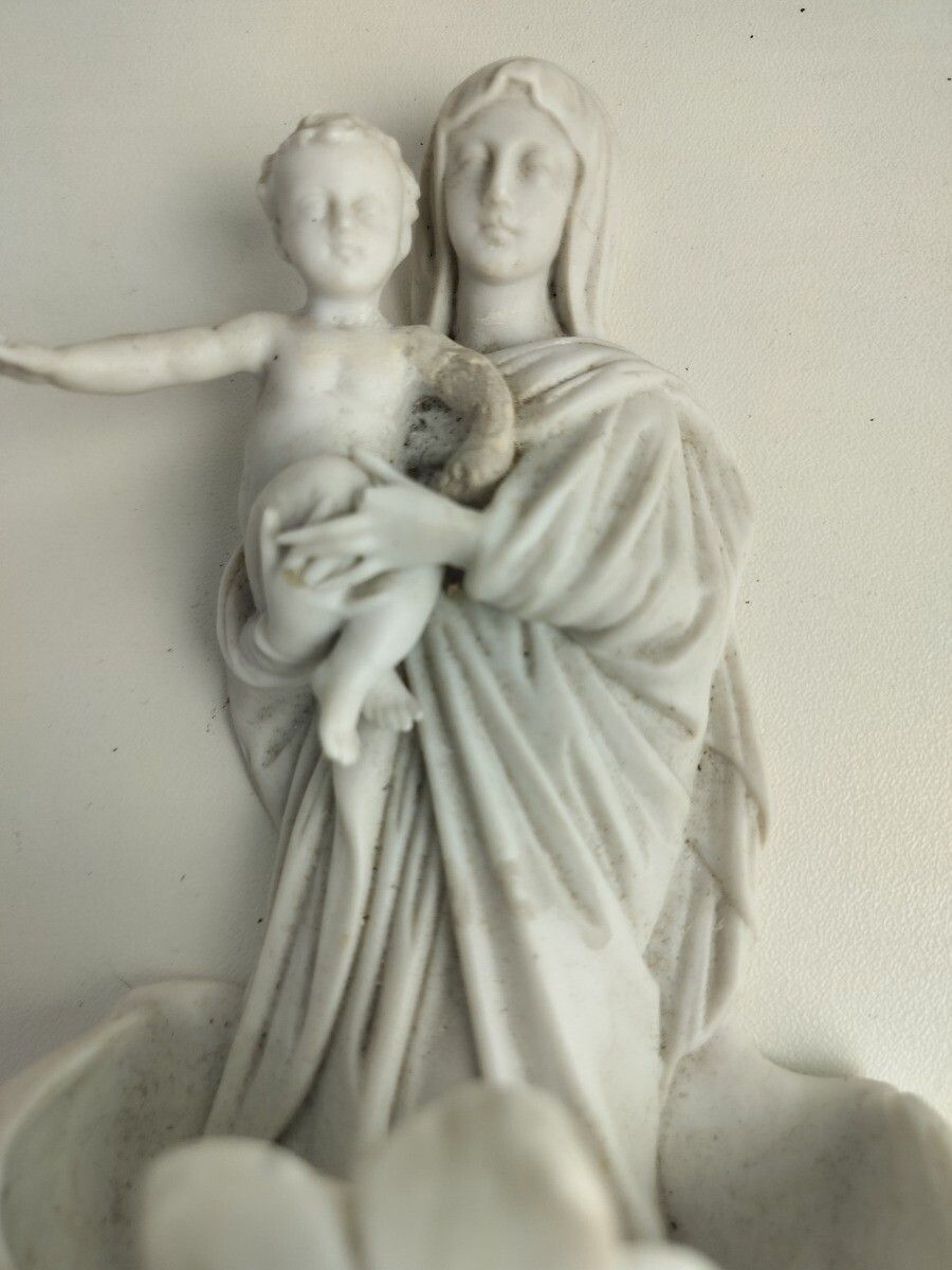 Gorgeous Antique Holy Water Font Vessel White Bisque Porcelain Madonna With Infa photo furniture