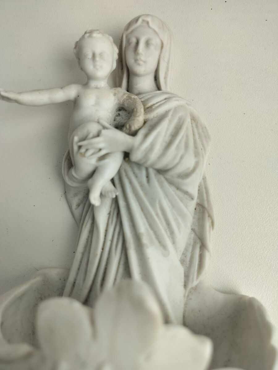 Gorgeous Antique Holy Water Font Vessel White Bisque Porcelain Madonna With Infa photo for sale