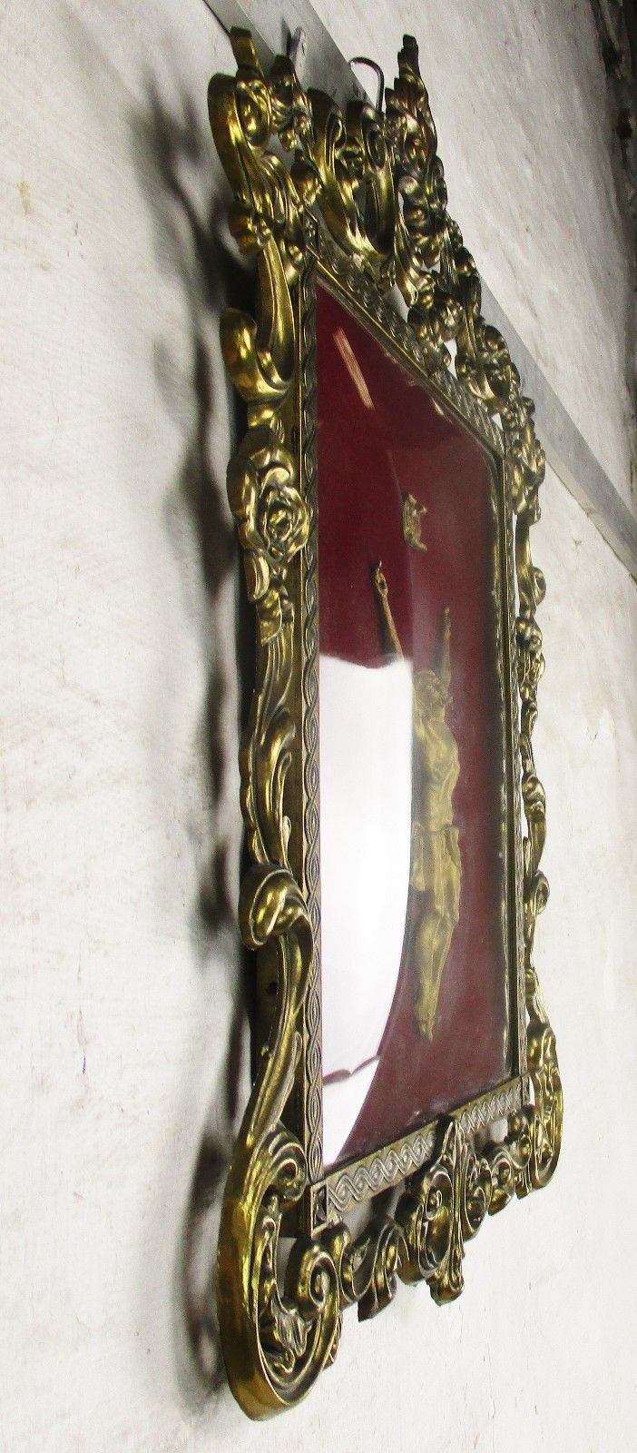 Art Deco Oval Ornate Brass Frame Red Velvet  Convex Glass Christ Crucifix  Htf photo buy