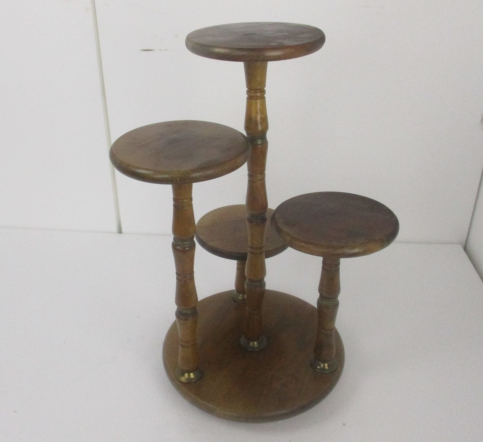 Xl Vintage 4 Tier Pedestal Table Plant Flower Stand Side Table Carved Wood Brass photo for sale