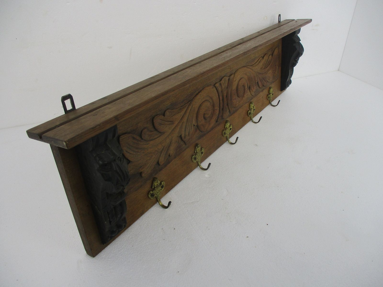 Hand Carved Wood Wall Shelf Coat Hat Kitchen Rack Lion Heads Two Toned 50s Mid C photo furniture