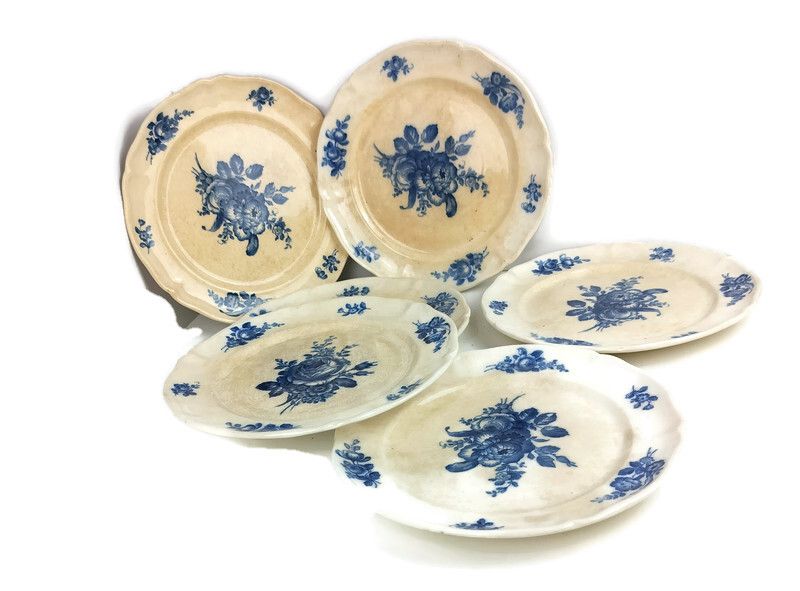 Antique 1900 Dinner  Plates 6 Pieces  Boch Mettlach Rare Blue Rose  Art Nouveau