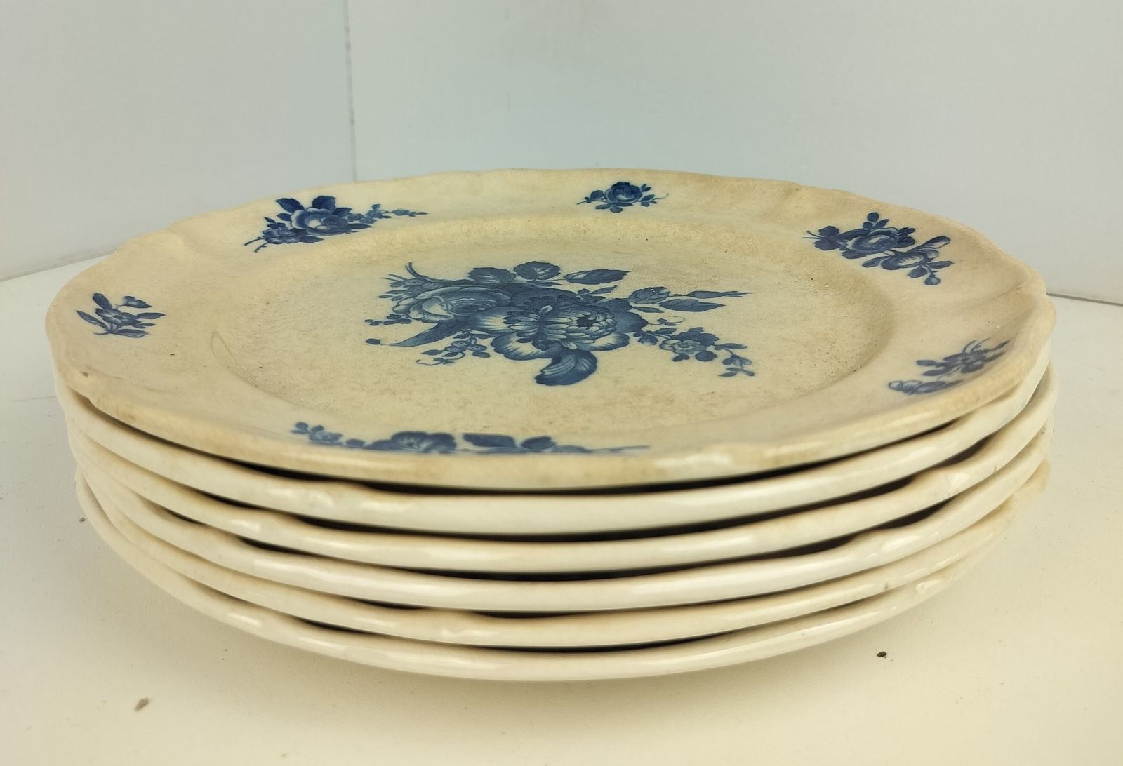 Antique 1900 Dinner  Plates 6 Pieces  Boch Mettlach Rare Blue Rose  Art Nouveau photo 117.0