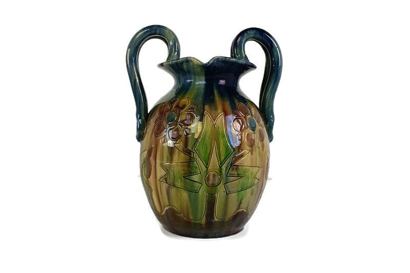 Antique Gorgeous Polychrome Pottery Faience De Flanders Vase Bruges Marked Xl