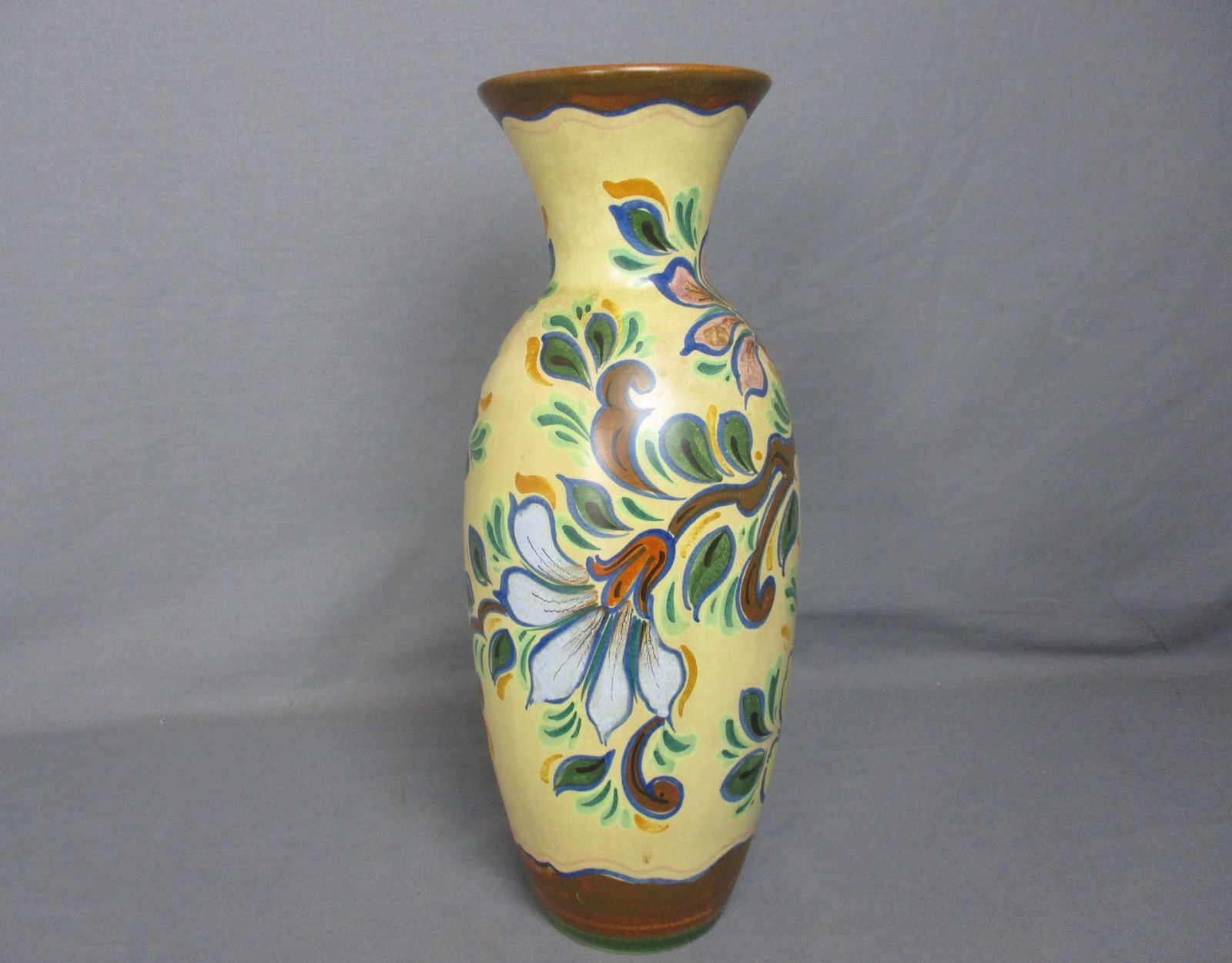 Large Vase  Marked Elly Gouda Plateel Hand Painted Flowers Polychrome