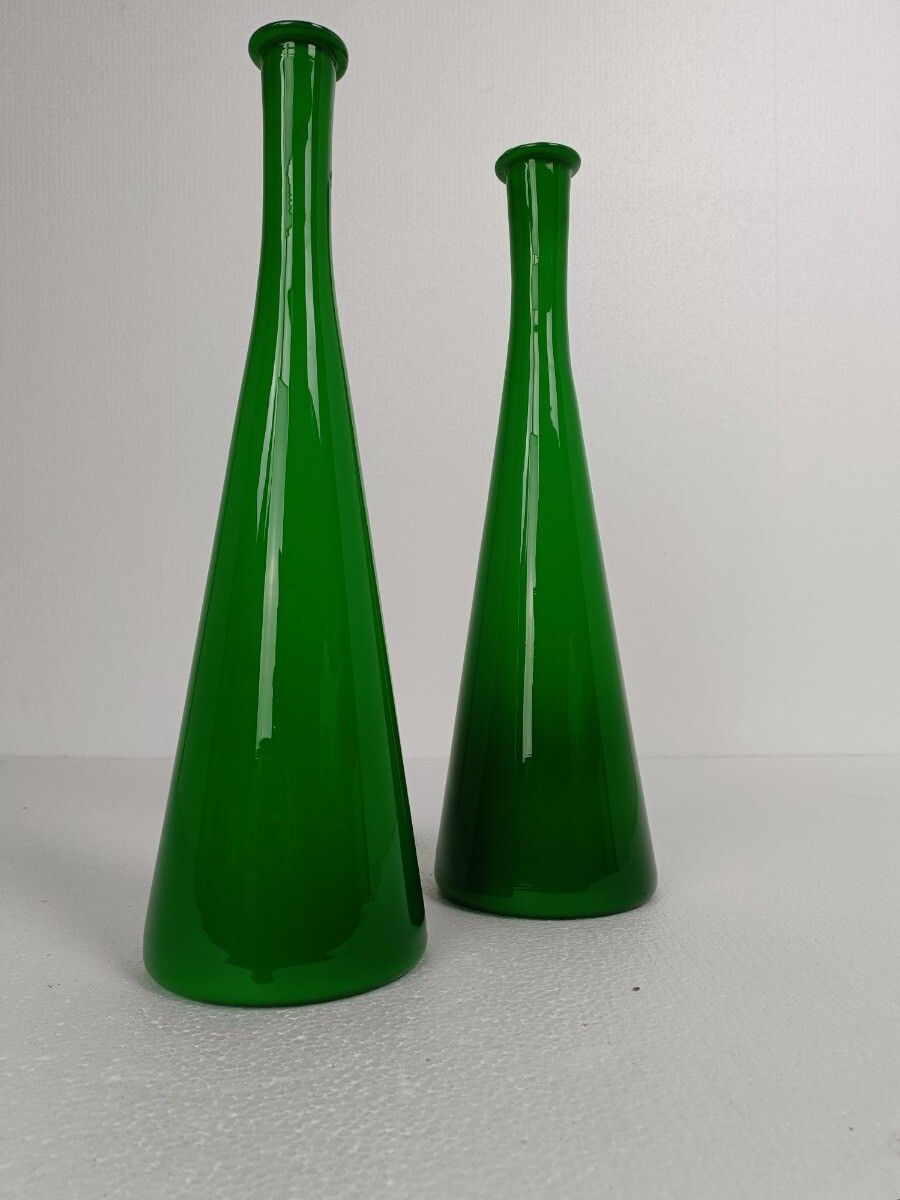 Holmegaard Denmark Cased Glass Bottles Vases Green White Collector Pair Marked photo for sale
