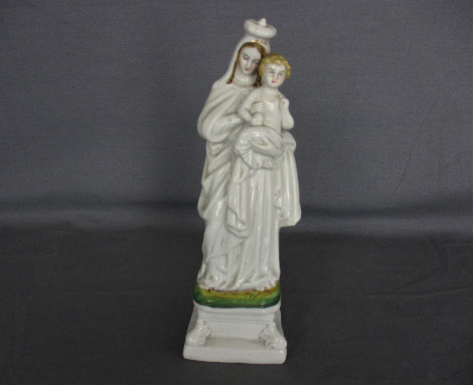Antique 1900 Vieux Paris Porcelain Bisque Statue Virgin Mary Infant Jesus 8.66&Q