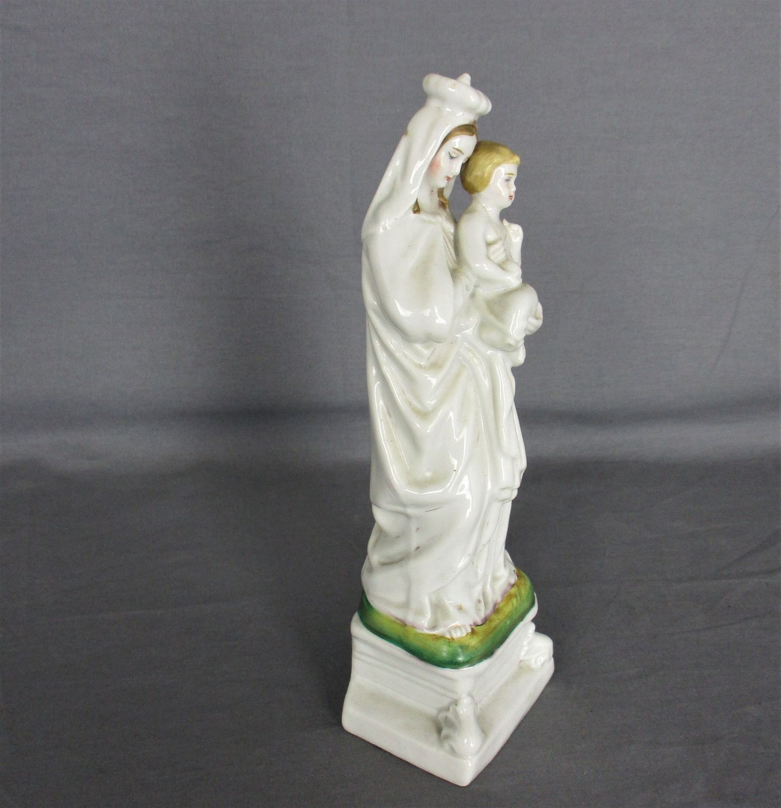 Antique 1900 Vieux Paris Porcelain Bisque Statue Virgin Mary Infant Jesus 8.66&Q photo for sale