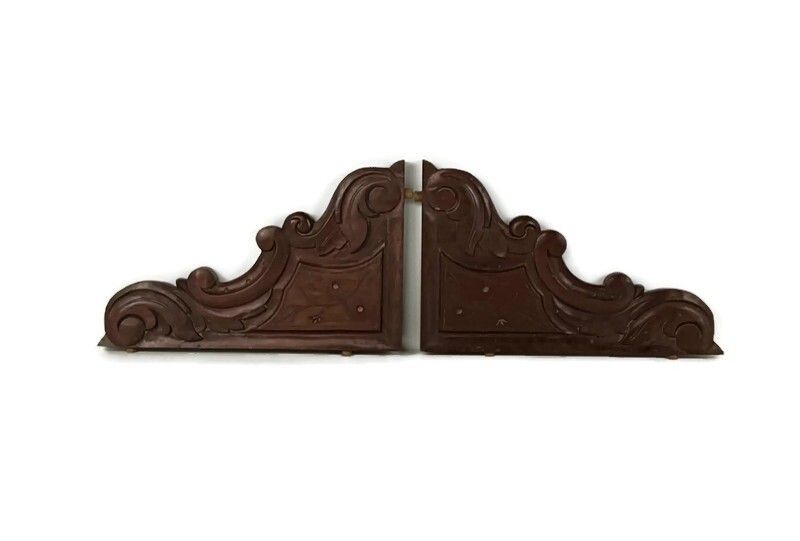 Pair  Corbels Hand Carved Wood Pediment Ornate Finial Architectural Brackets Fin