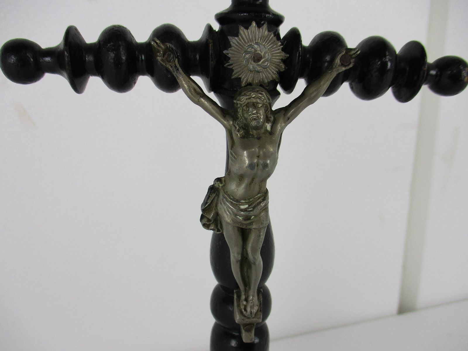 Antique Dark Carved Wood Table Standing Crucifix Round Base Spelter Corpus Bobbi photo for sale
