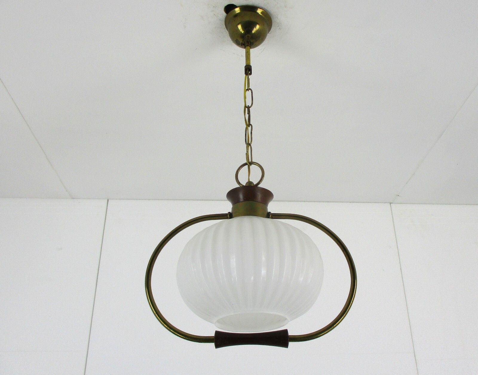 Danish Modern Chandelier Pendant Teak Brass Opaline Glass Atomic Louis Kalff photo 334.0