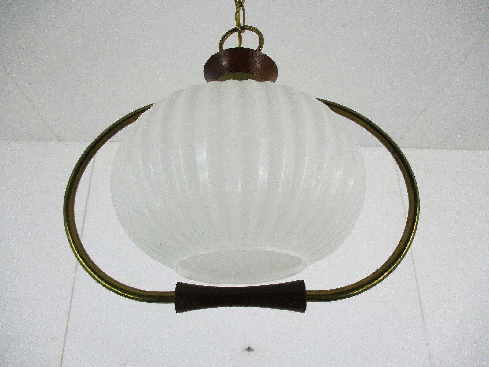 Danish Modern Chandelier Pendant Teak Brass Opaline Glass Atomic Louis Kalff photo vinterior