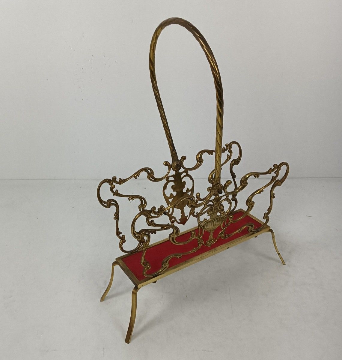 Italian Hollywood Regency Ornate Newspaper Magazine Rack Basket Brass  Vintage photo for sale