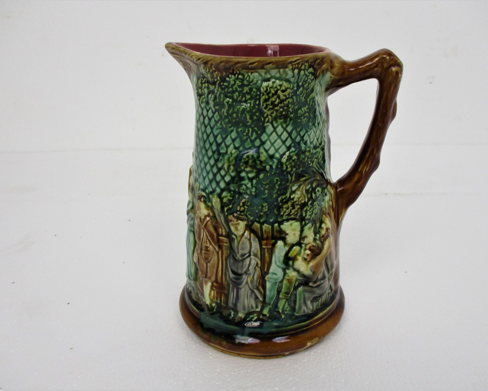 Antique Barbotine Majolica French Tavern Pitcher Wonderful Scenes photo furniture