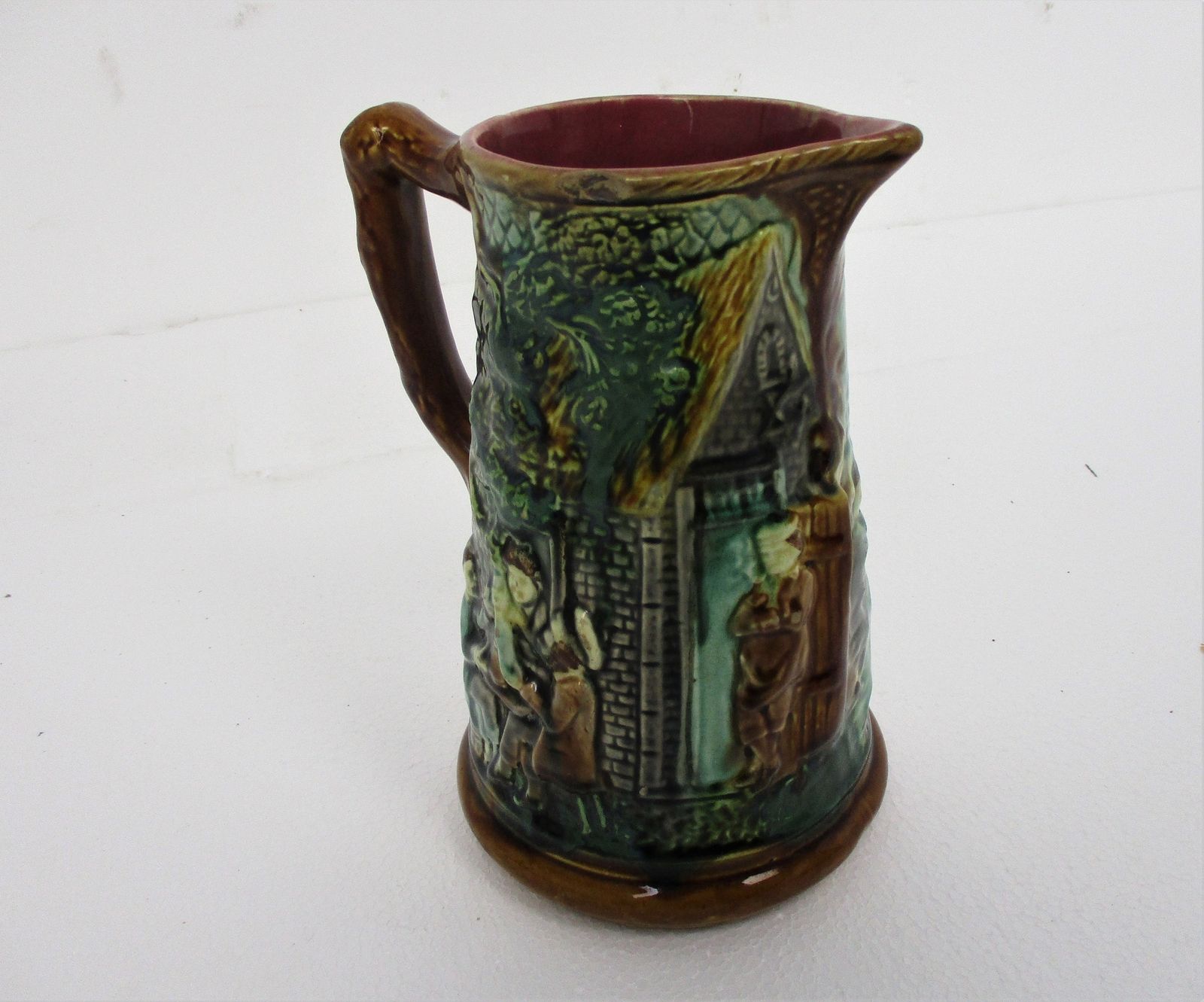 Antique Barbotine Majolica French Tavern Pitcher Wonderful Scenes photo Home Decor