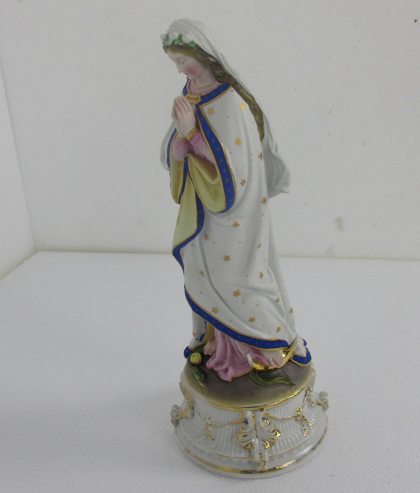 French Antique Bisque Statue Praying Virgin Mary Lady Madonna  Treading On Snake photo 323.0