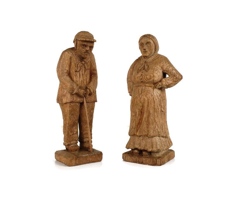 Hand Carved Sculptures Figurines Wood Oak Bruges Folk Art Signed A.L. Couple Man