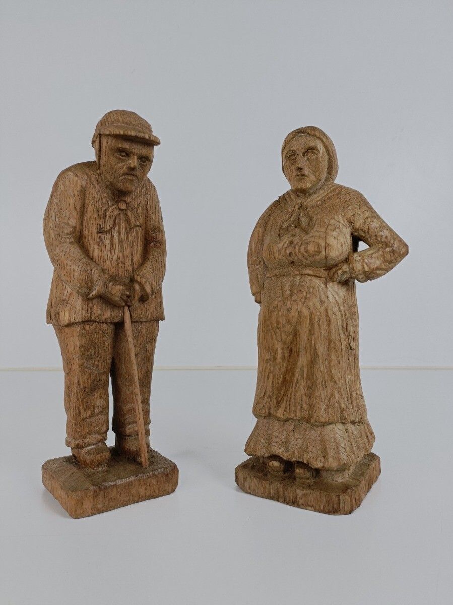 Hand Carved Sculptures Figurines Wood Oak Bruges Folk Art Signed A.L. Couple Man photo furniture