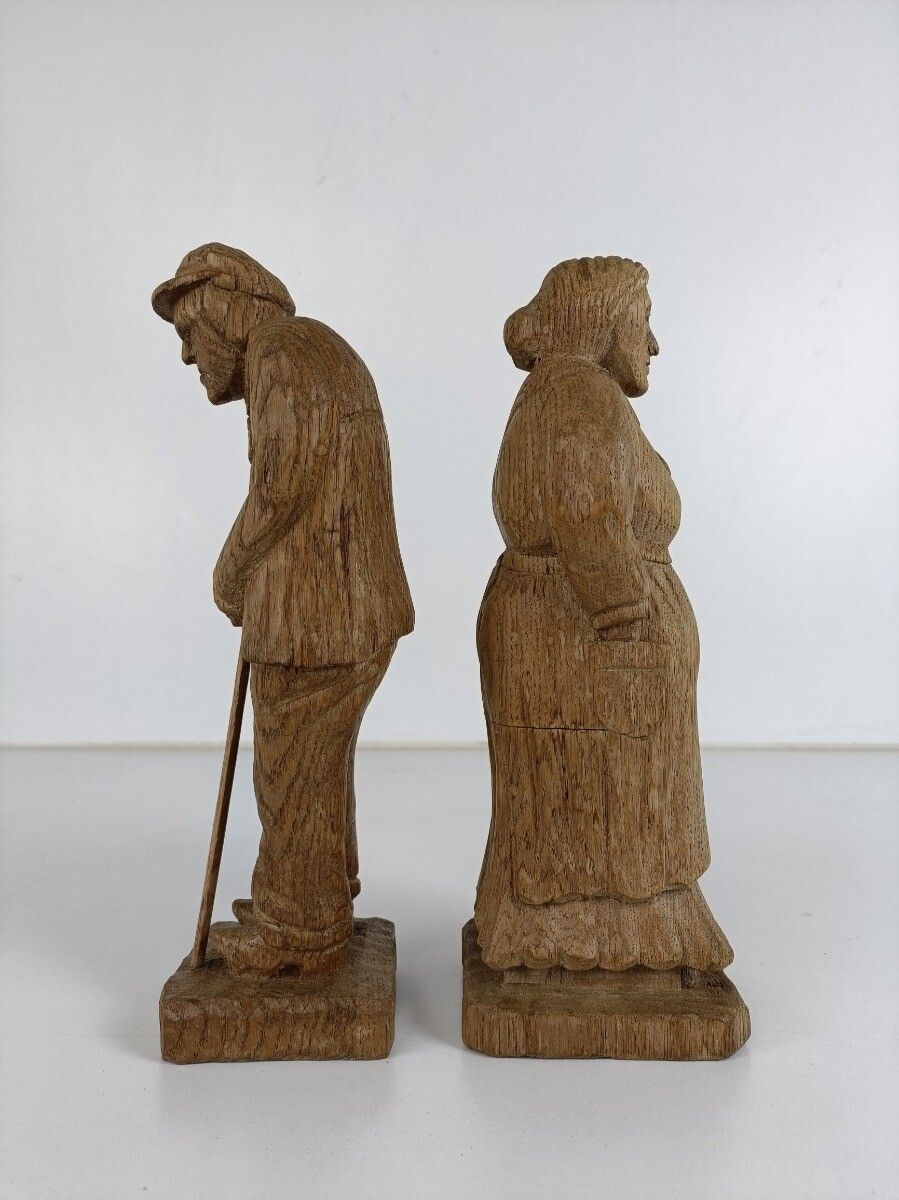 Hand Carved Sculptures Figurines Wood Oak Bruges Folk Art Signed A.L. Couple Man photo 162.0
