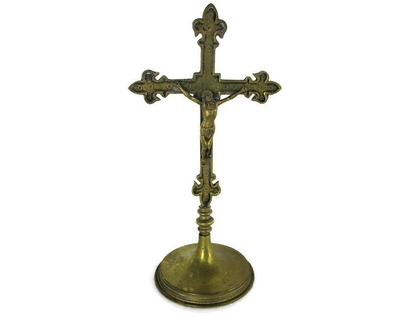 Antique Brass  Jesus Christ Standing Table Cross Crucifix Ornate Art Deco French