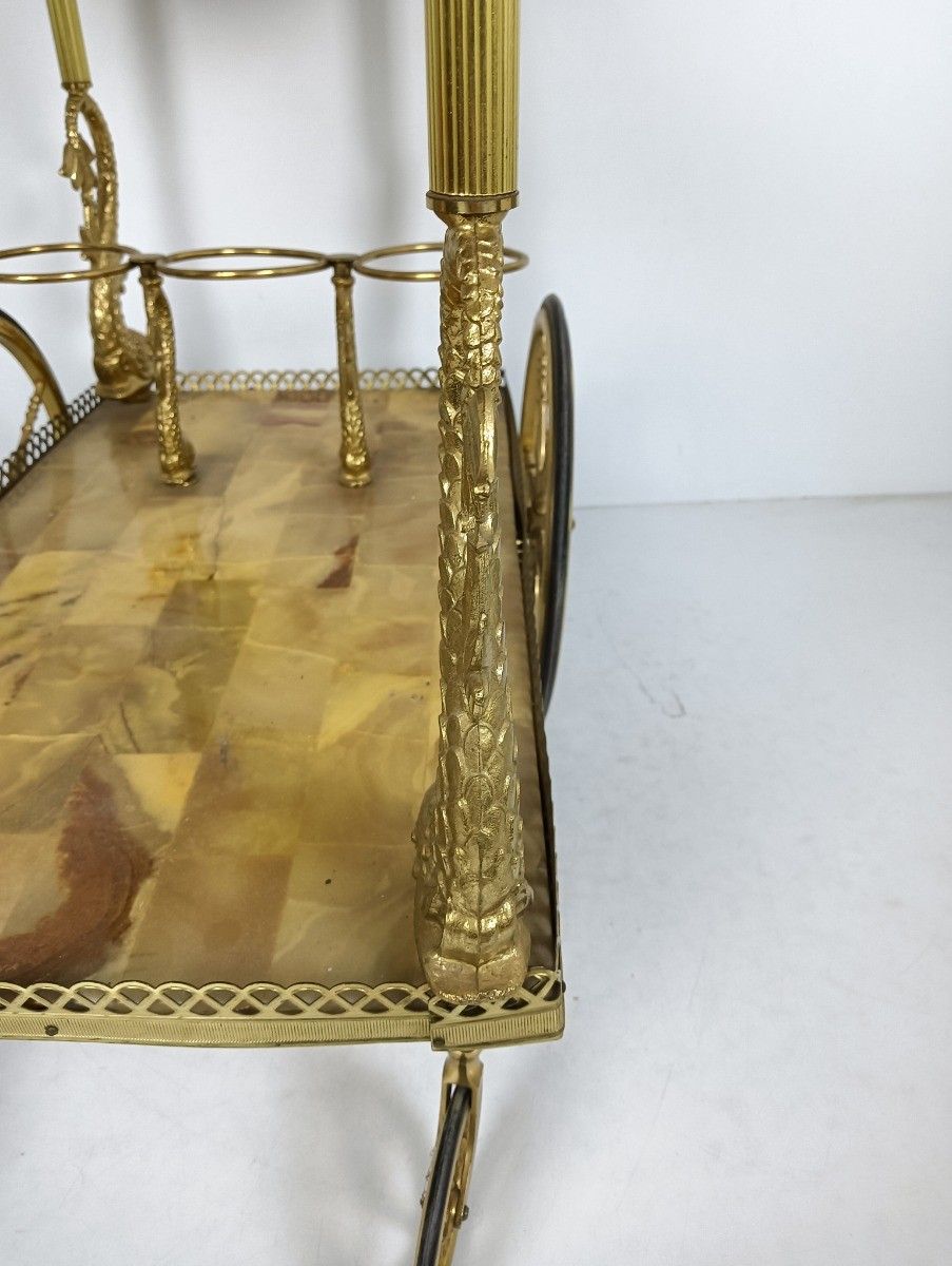 photo for sale Bar Cart Hollywood Regency  Marble Tops Vintage Brass Fish 2 Tier Serving Cart,