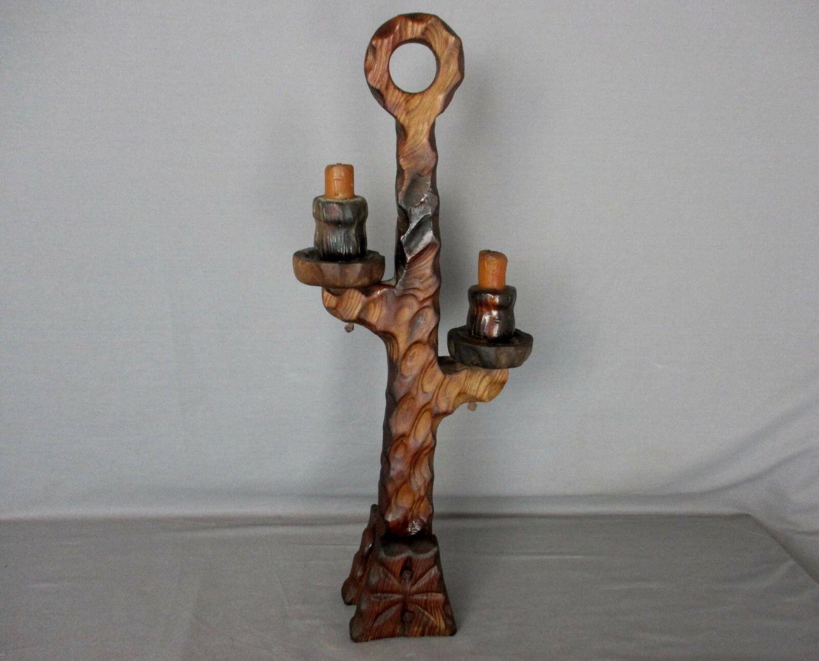 Spanish Hand Carved Wooden  Double  Embossed Candle Holder Stick Candlestick Vtg