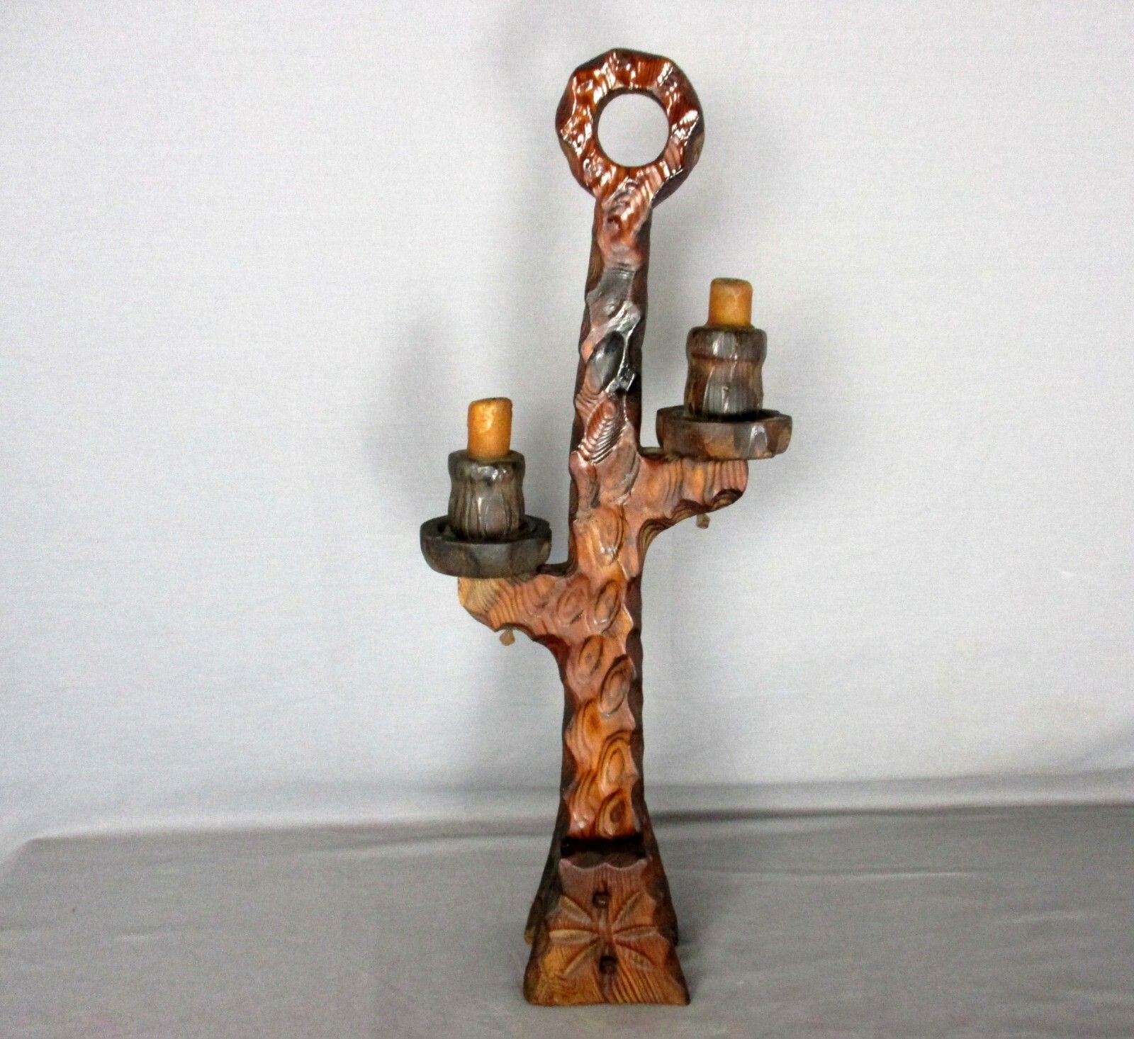 Spanish Hand Carved Wooden  Double  Embossed Candle Holder Stick Candlestick Vtg photo vinterior