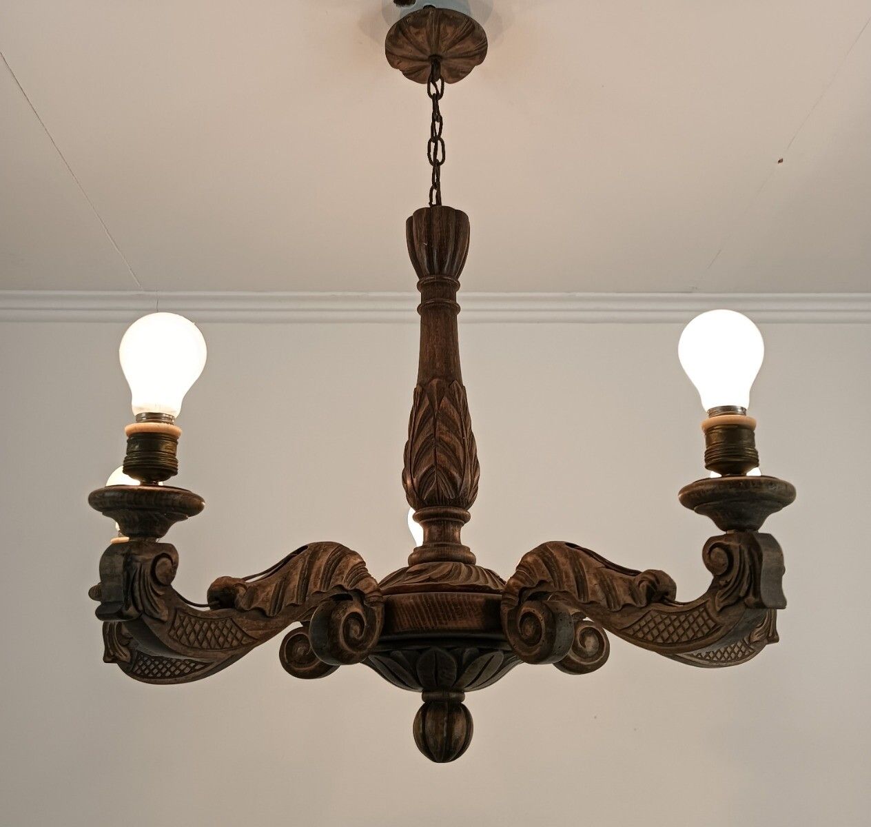Chandelier Carved Wood Ornate 5 Lights Arms Fixture Lamp Farmhouse Barn Style photo furniture