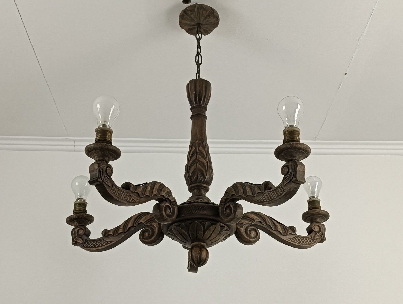 Chandelier Carved Wood Ornate 5 Lights Arms Fixture Lamp Farmhouse Barn Style photo vintage