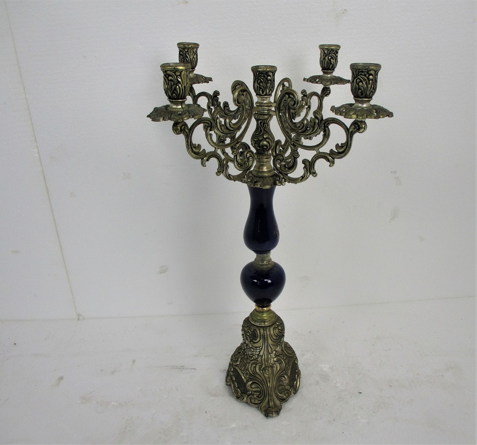 Large Candle Holder Candlestick Candelabra 5 Arm Spelter Limoges Style Blue Porc photo vinterior