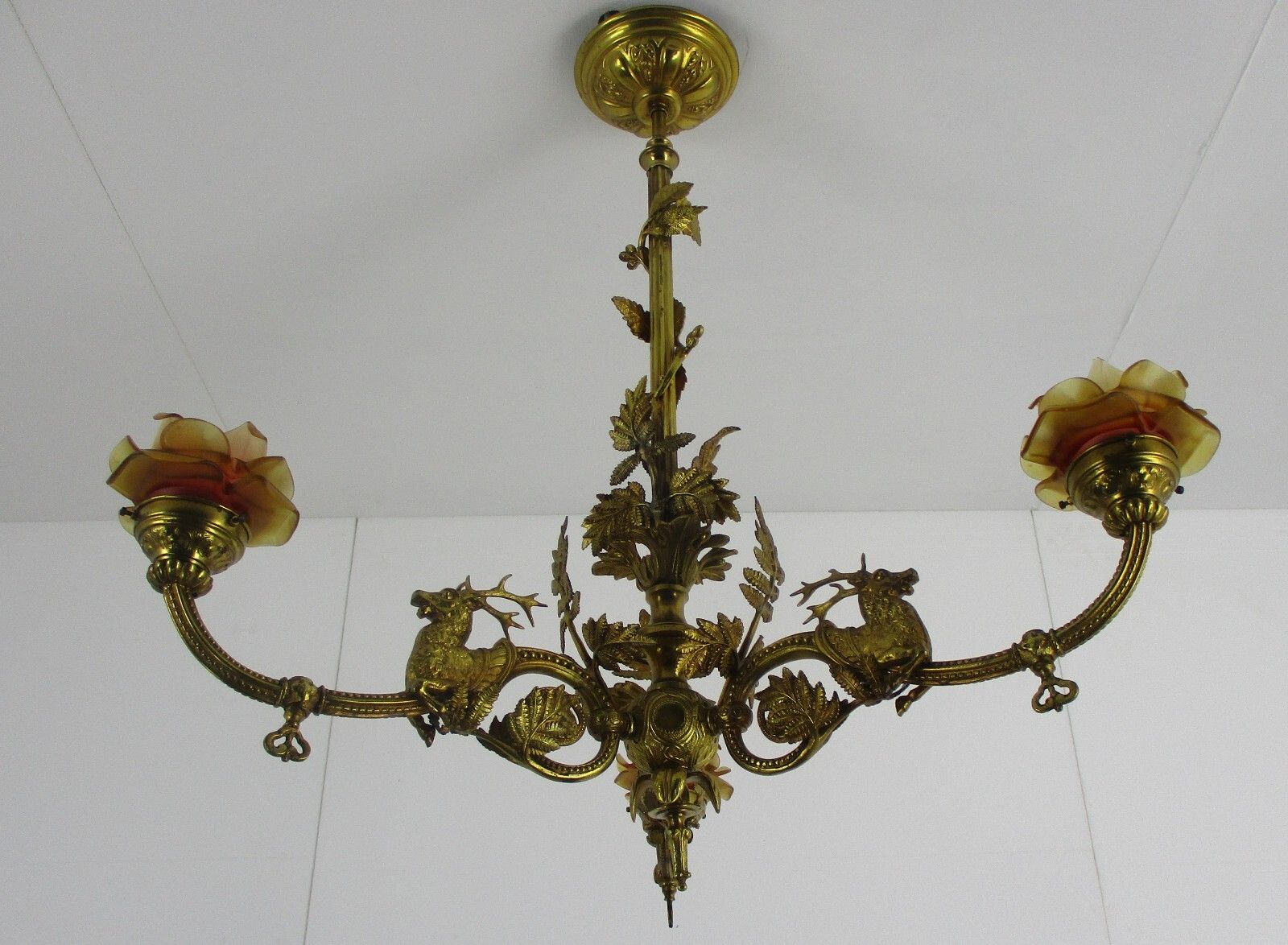 French Impressive Chandelier Bronze Doré 3 Lights Arm Ornate Deer Glass Shade photo Lighting