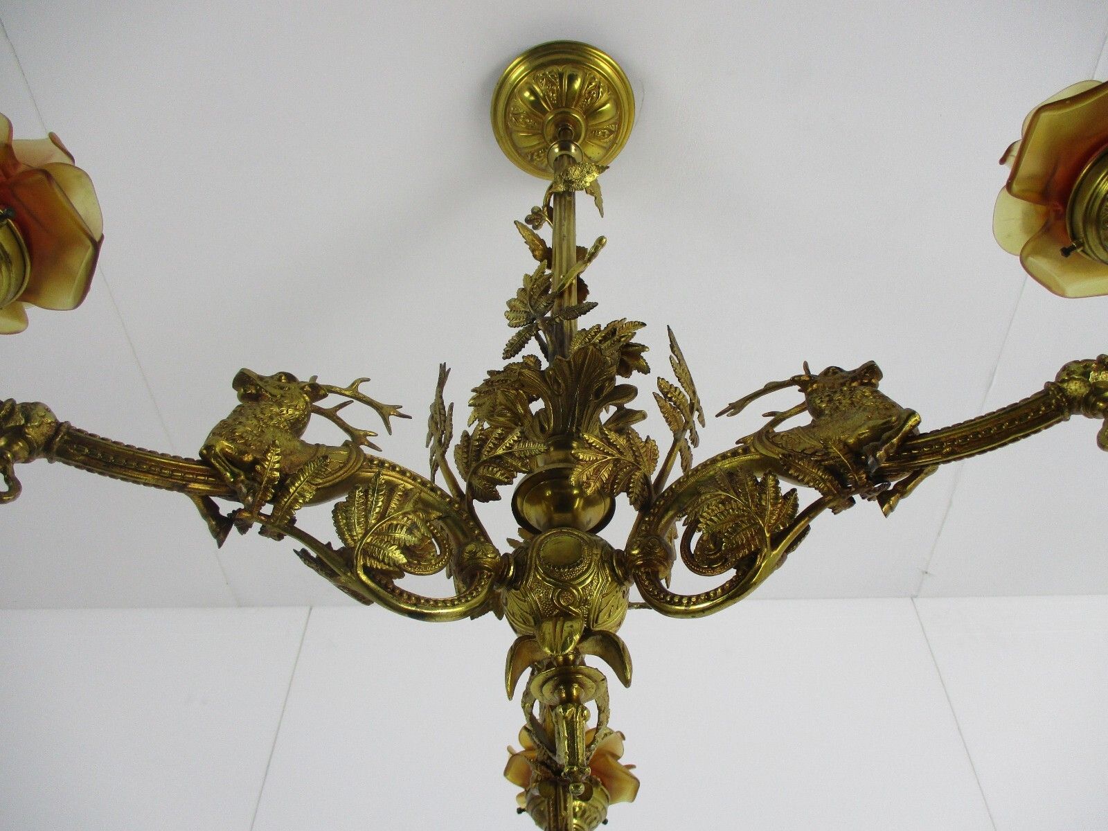 Lighting French Impressive Chandelier Bronze Doré 3 Lights Arm Ornate Deer Glass Shade photo