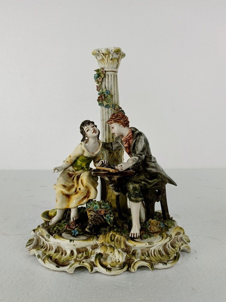 Figurine Statue  Capodimonte  Courting Couple Playing Chess  Marked Exquisite VI photo furniture
